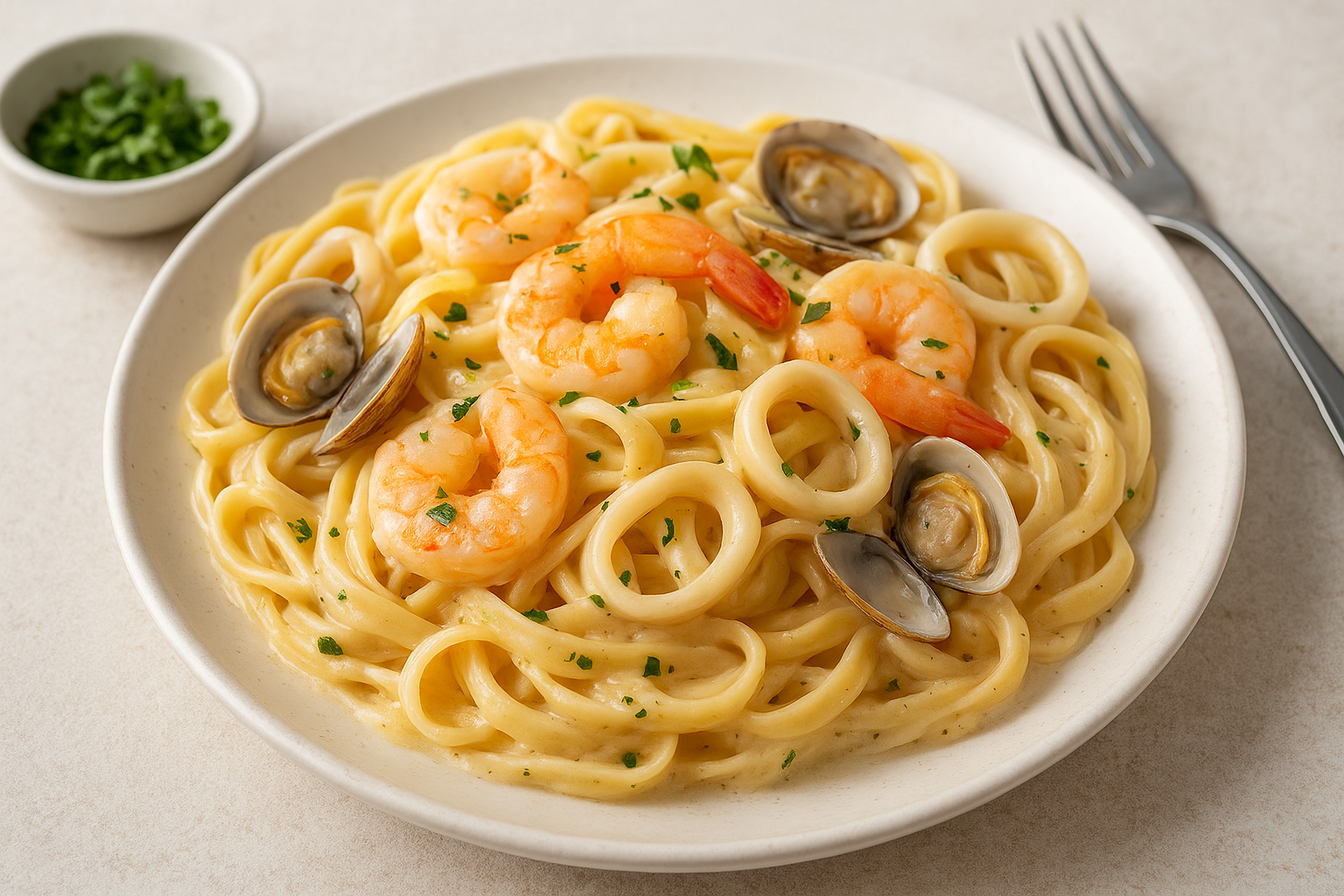 簡単本格！シーフードフェットチーネのレシピ｜エビ・イカ・アサリのクリームソース